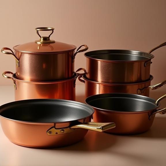 Una selezione di pentole in rame e tegami in ghisa.